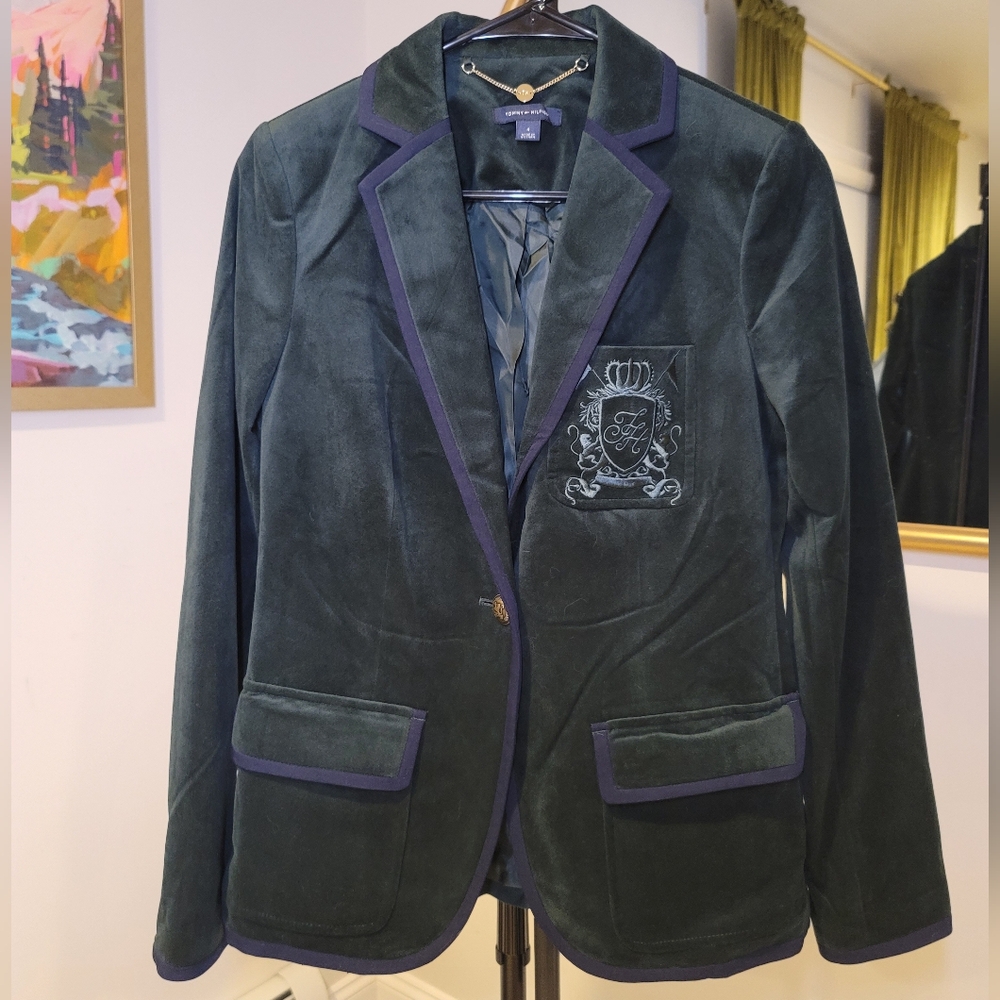 Tommy Hilfiger Green Monogrammed Velvet Blazer with Navy Trim Preppy Size 4